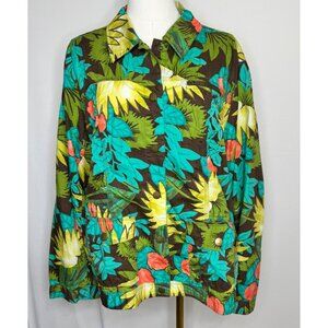 Chicos Tropical Print Women's Jacket Size 3 Vibrant Floral Lightweight Turquoise